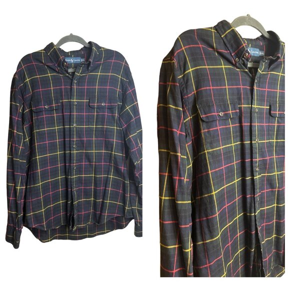VTG 90s Ralph Lauren Plaid Button Shirt XL Mens Red Yellow Dark Green Navy Pony - Picture 2 of 5
